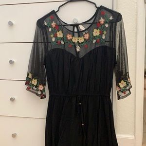 Embroidered black mesh mini dress